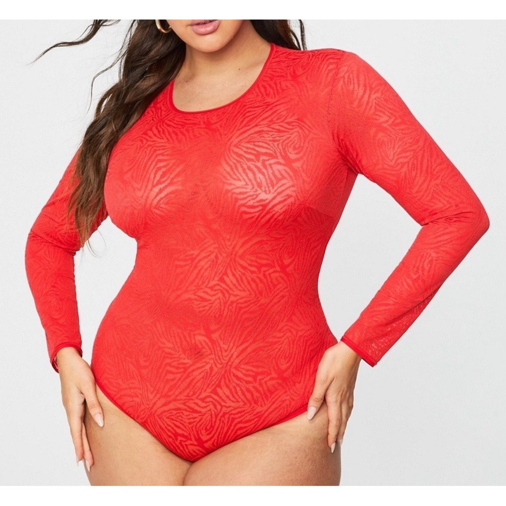NWOT Women's Fabletics Yitty Hot Mesh Long Sleeve Bodysuit Leave Him On Red - 4X